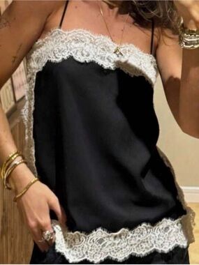 Lace Trim Satin Cami Top - Black & White